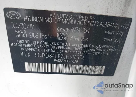 2020 Hyundai Elantra Sel z USA, uszkodzony, nr VIN 5NPD84LF2LH516336